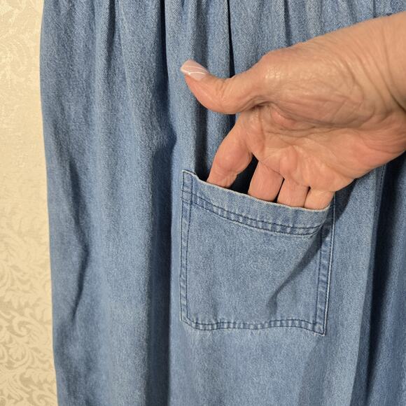 VTG PTNY Denim Jean Midi Dress Jumper XL Blue Cotton Sleeveless Painted Design - Picture 7 of 16